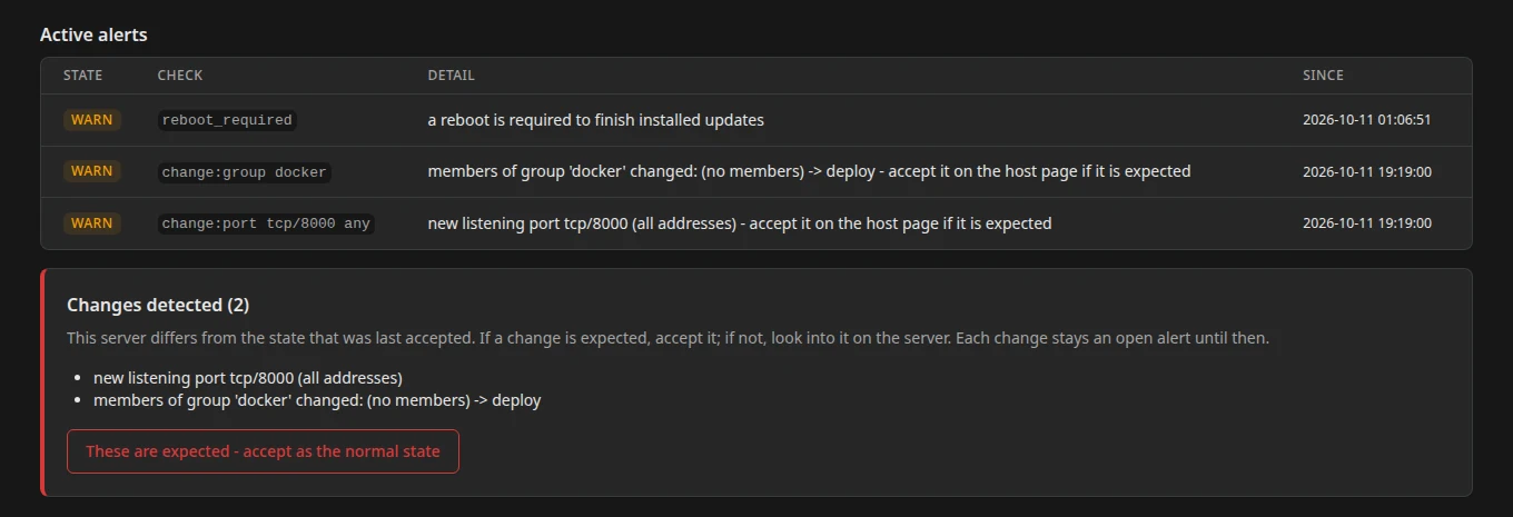 Changes detected on a server: a new listening port and a changed group, waiting for an admin to accept