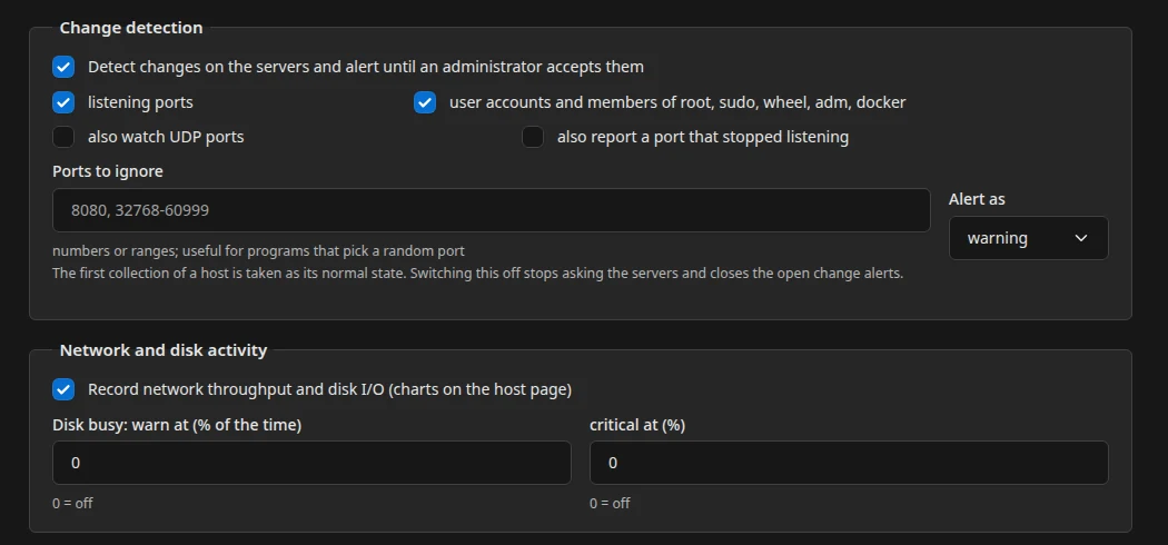 Settings page with switches for change detection and network and disk activity